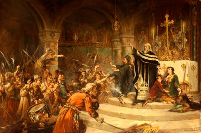 Egy menekült egy templomban, 1894 alkotó: Laslett John Pott